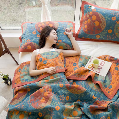 Couette double face en coton avec motif de fleurs de kaki
