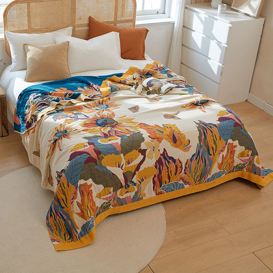 Couette réversible en coton à motif papillon et fleur