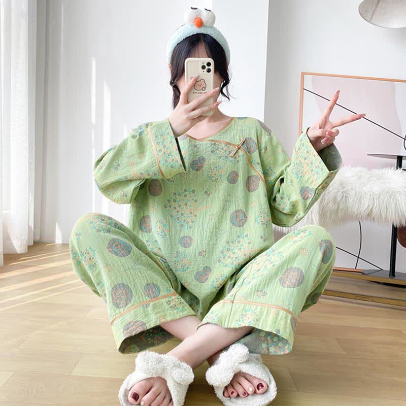 Ensemble de vêtements de détente surdimensionnés en gaze de coton à imprimé arbre