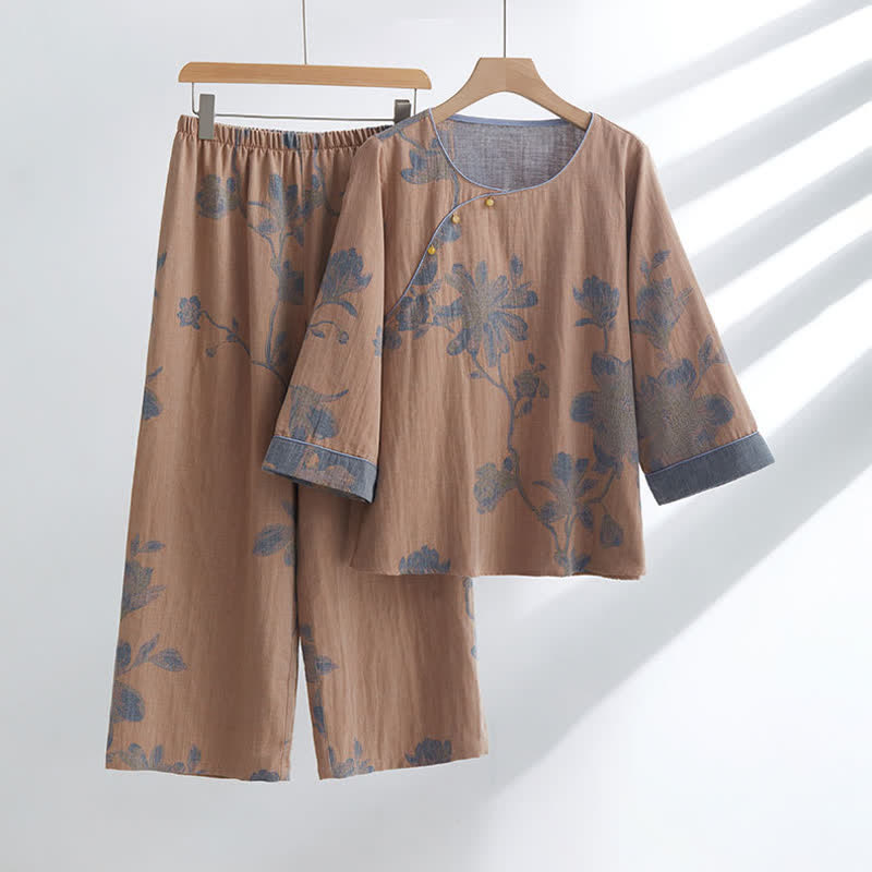 Ensemble de vêtements d'intérieur confortables en coton avec col rond et motif floral
