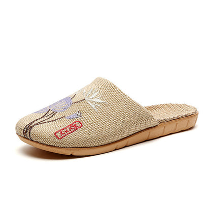 Chaussons rétro en lin brodés de lotus