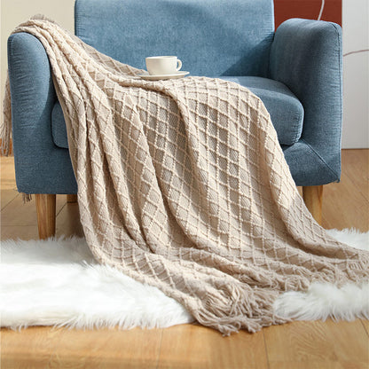 Ownkoti – Couverture tricotée avec motif prisme et pompons