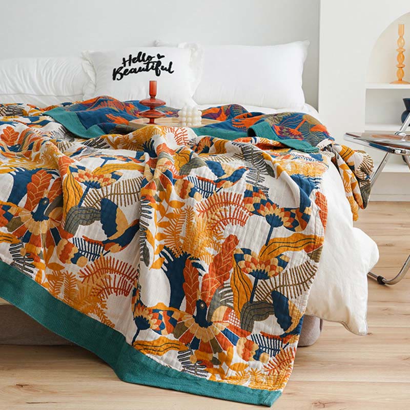 Ownkoti Couverture douce en coton réversible avec oiseaux et fleurs