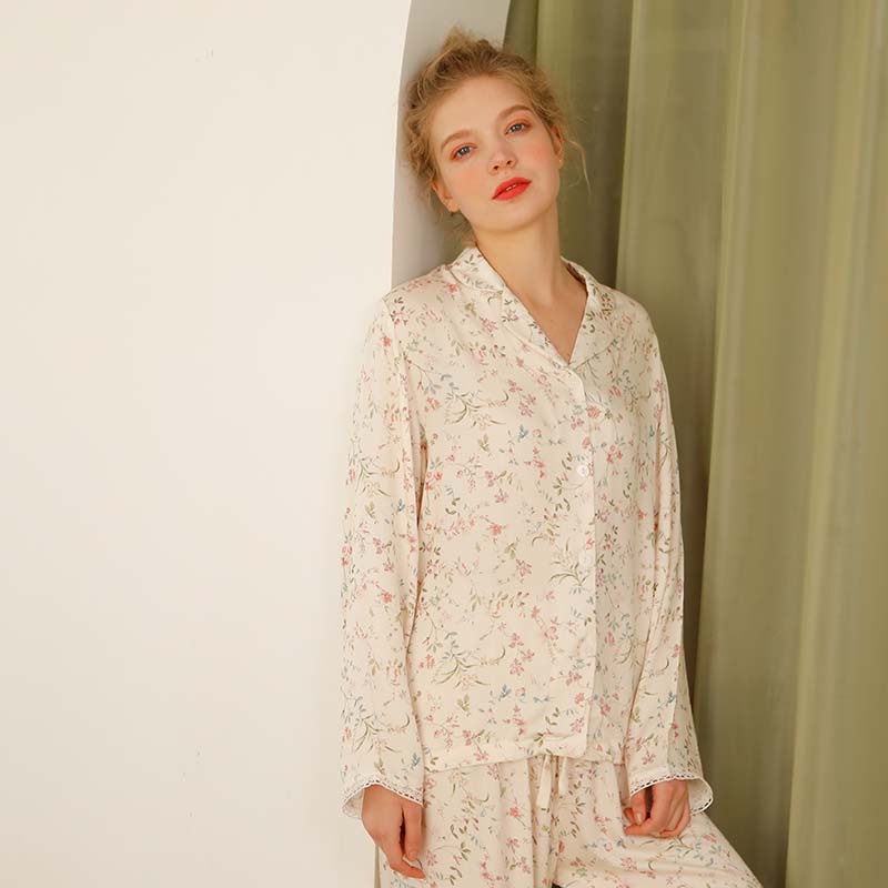 Ownkoti – Vêtements d'intérieur en satin à manches longues et col en V à fleurs