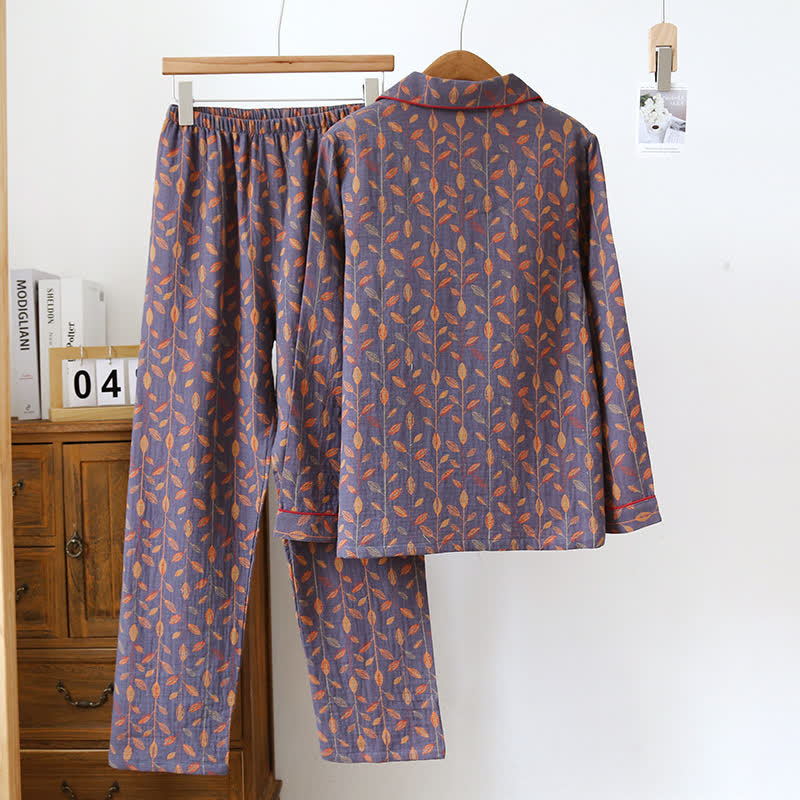 Ensemble pyjama en coton à manches longues au style rétro à feuilles