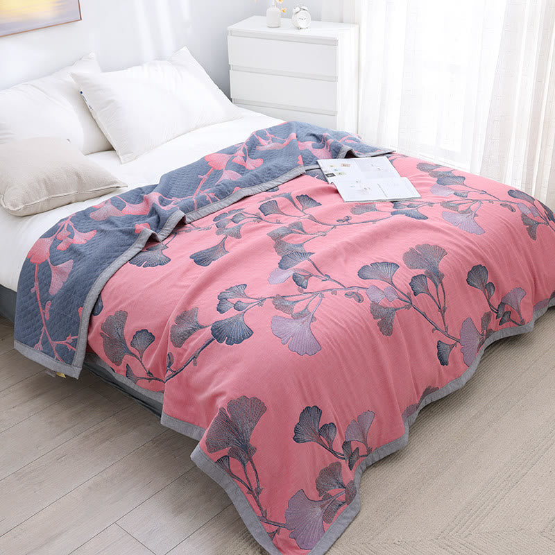 Couette réversible en gaze de coton avec feuilles de ginkgo