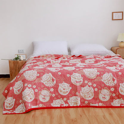 Couverture réversible respirante en gaze de coton avec motif chat
