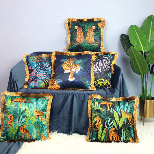 Housse de coussin de canapé à motif animalier et pompon