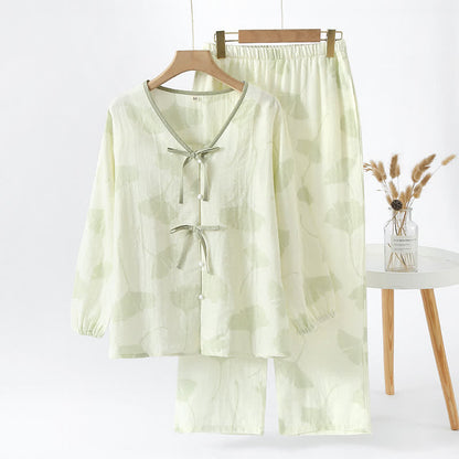 Ensemble de vêtements d'intérieur en coton avec nœud en feuille de ginkgo