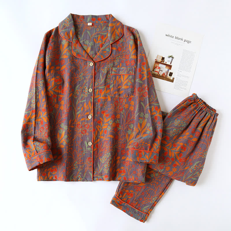 Ensemble de vêtements d'intérieur en coton à imprimé feuilles vintage avec revers - Gris et orange - 2XL - image 1