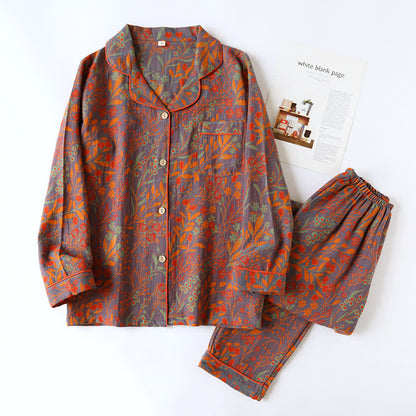 Ensemble de vêtements d'intérieur en coton à imprimé feuilles vintage avec revers - Gris et orange - 2XL - image 1