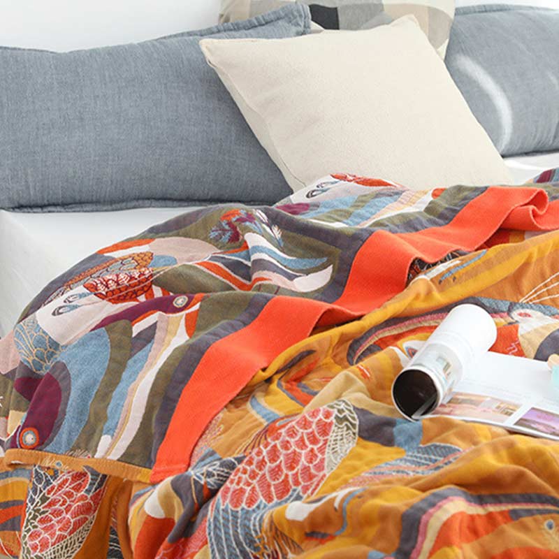 Couverture réversible en coton doux avec motif d'oiseau toucan