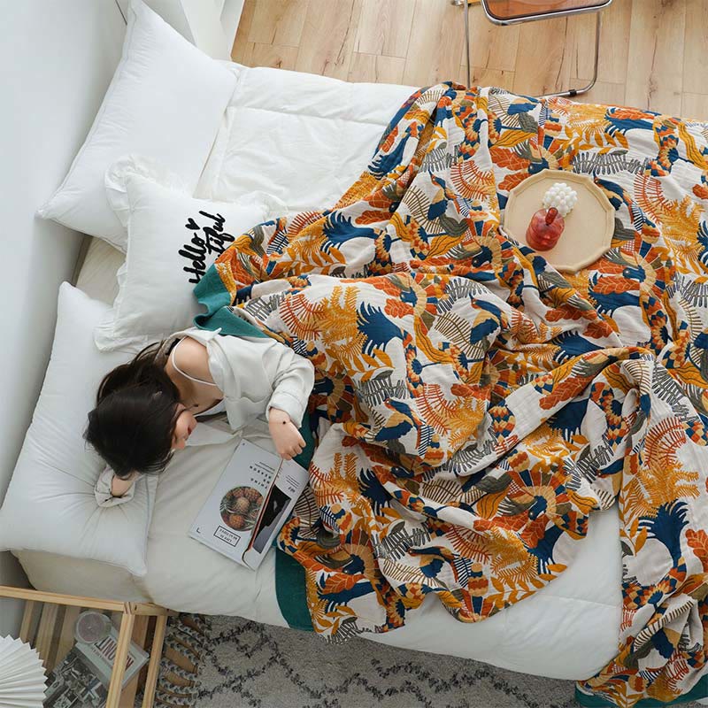 Ownkoti Couverture douce en coton réversible avec oiseaux et fleurs