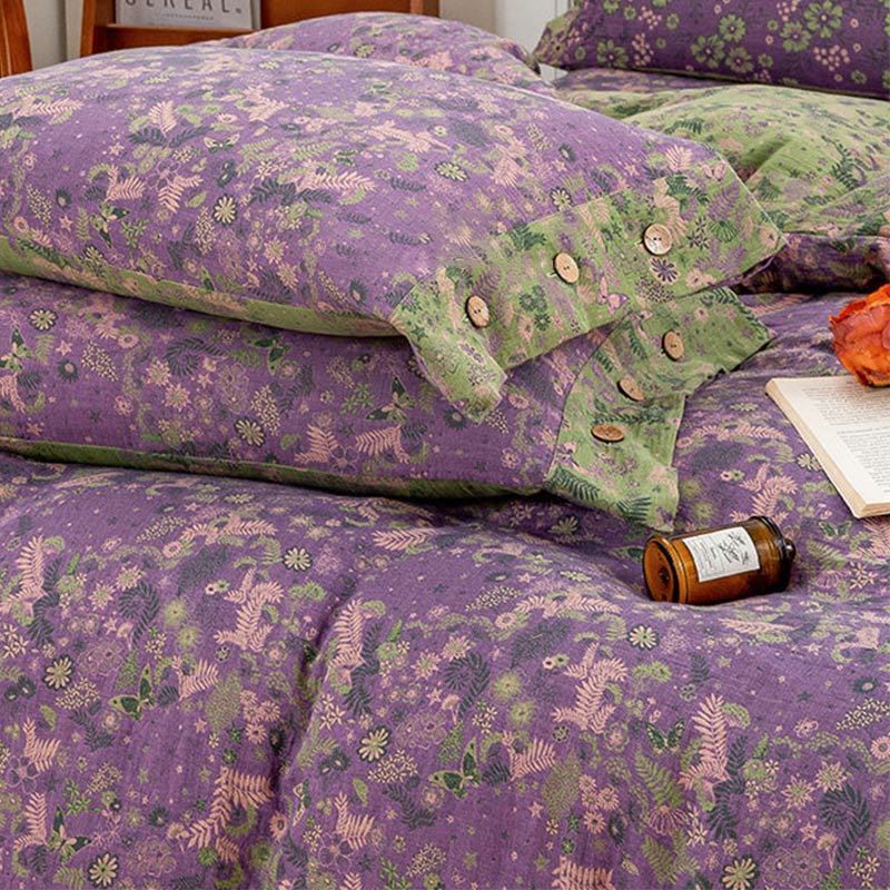 Parure de lit en coton violet à fleurs bohèmes (4 pièces)