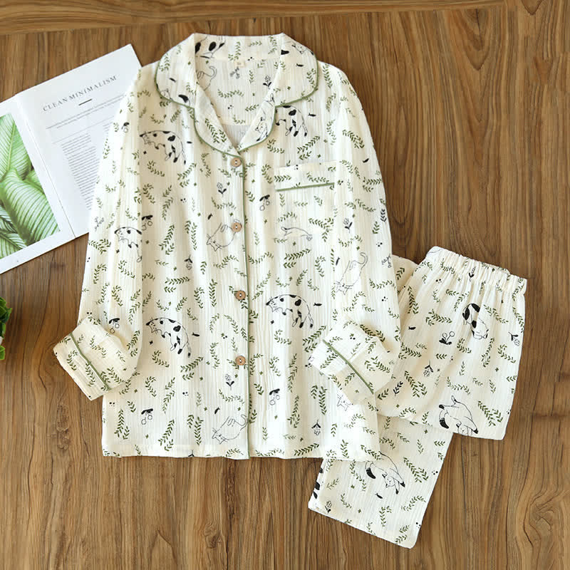 Ensemble pyjama en coton mignon avec chat et feuille