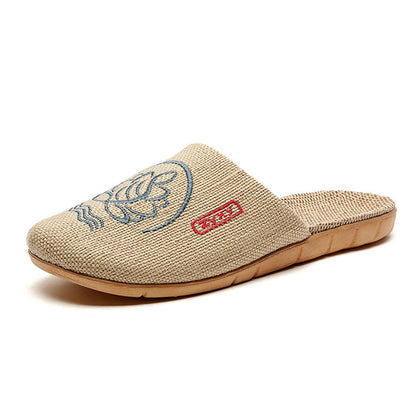 Chaussons rétro en lin brodés de lotus
