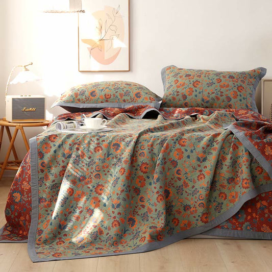 Couette réversible en pur coton avec motif floral rétro