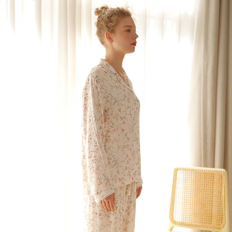 Ownkoti – Vêtements d'intérieur en satin à manches longues et col en V à fleurs