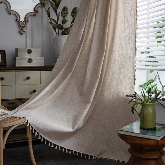 Rideau filtrant la lumière beige à pompons Boho