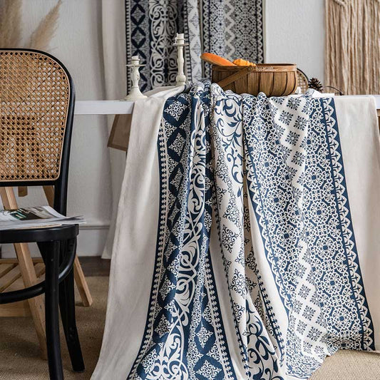 Rideau en coton et lin à motifs bleus