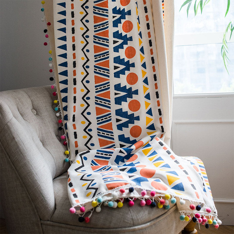 Rideau bohème Ownkoti avec motifs géométriques colorés et pompon