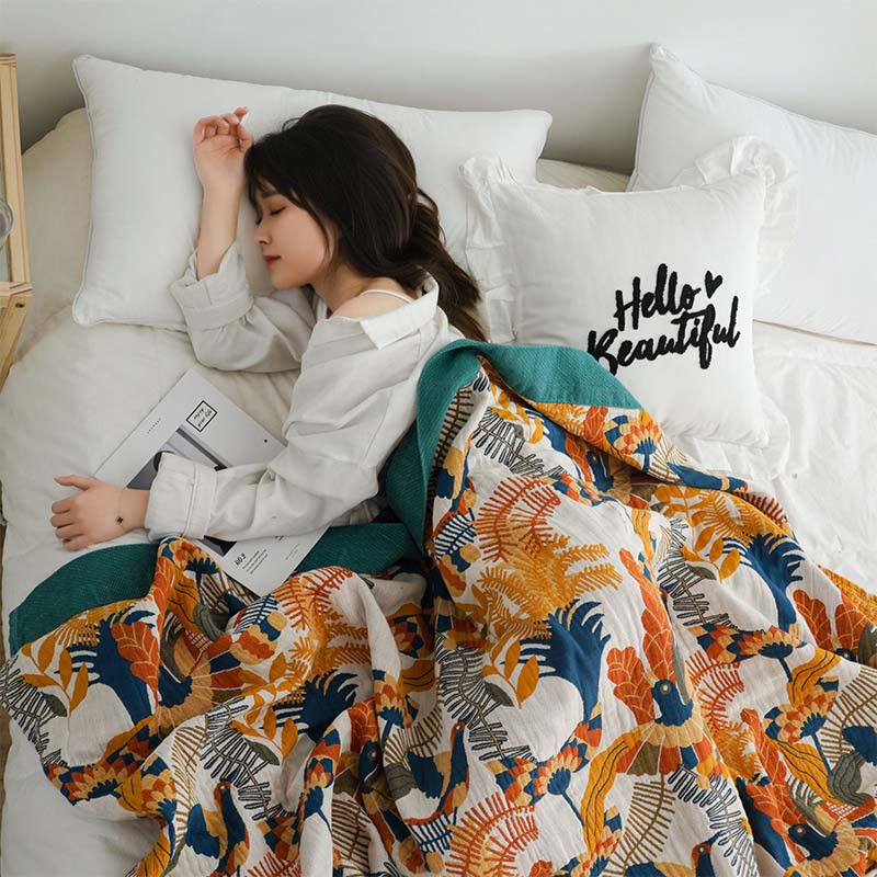 Ownkoti Couverture douce en coton réversible avec oiseaux et fleurs