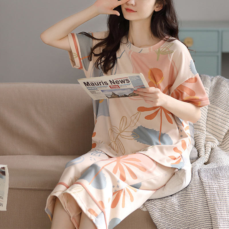 Ensemble de vêtements d'intérieur en coton à imprimé floral et feuilles