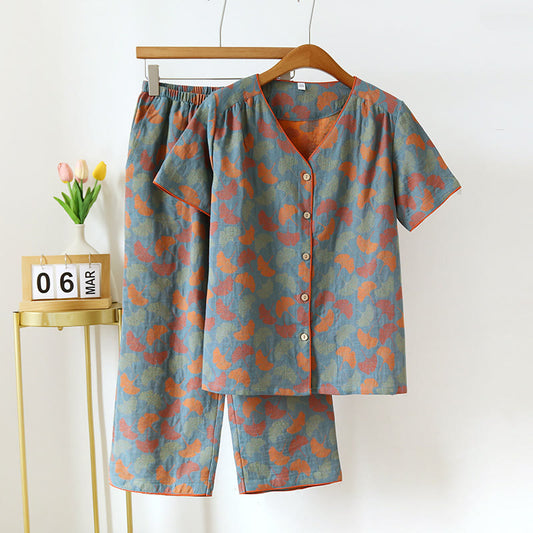 Loungewear court en jacquard avec col en V et feuilles de ginkgo - Bleu et orange - XL - image 0