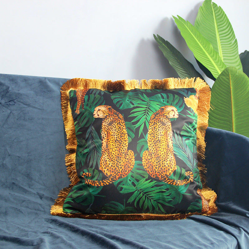 Housse de coussin de canapé à motif animalier et pompon