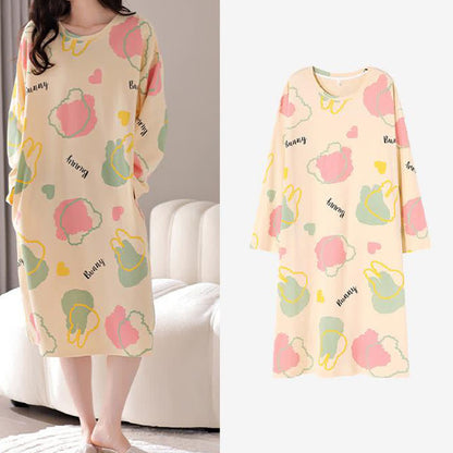 Chemise de nuit longue en coton à col rond et motif dessin animé