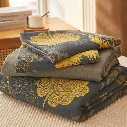 Parure de lit en coton à motif de feuilles jaunes (4 pièces)