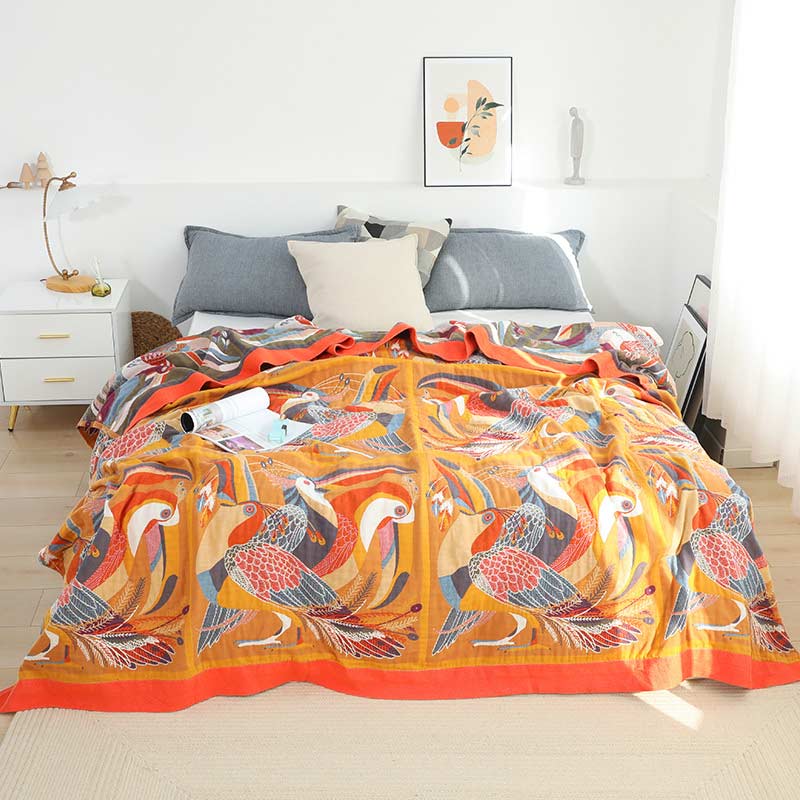 Couverture réversible en coton doux avec motif d'oiseau toucan