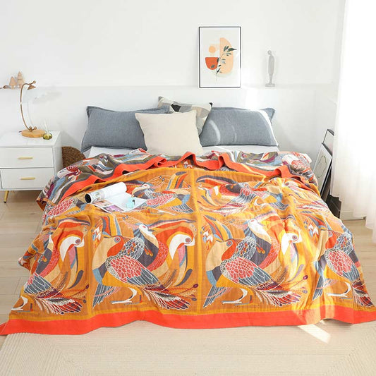 Couverture réversible en coton doux avec motif d'oiseau toucan