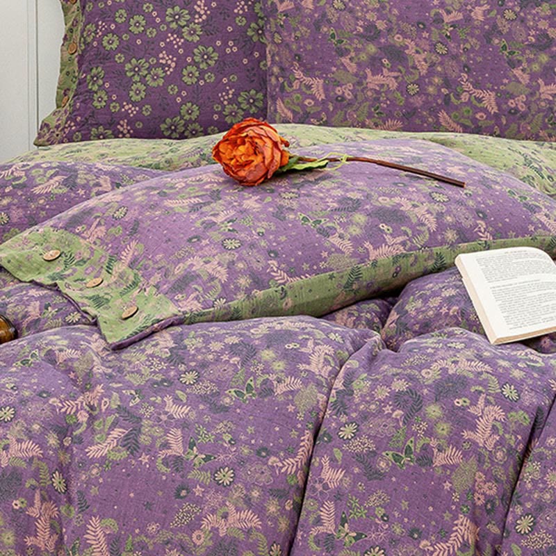 Parure de lit en coton violet à fleurs bohèmes (4 pièces)