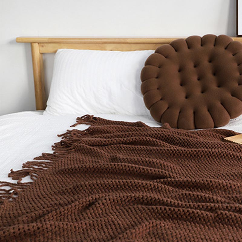 Ownkoti – Couverture tricotée simple et unie avec pompons