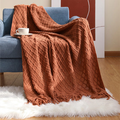 Ownkoti – Couverture tricotée avec motif prisme et pompons