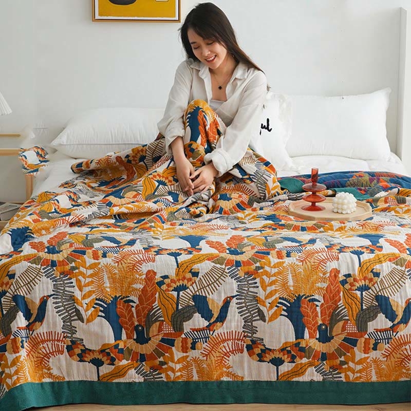Ownkoti Couverture douce en coton réversible avec oiseaux et fleurs