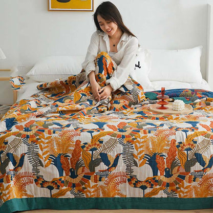 Ownkoti Couverture douce en coton réversible avec oiseaux et fleurs