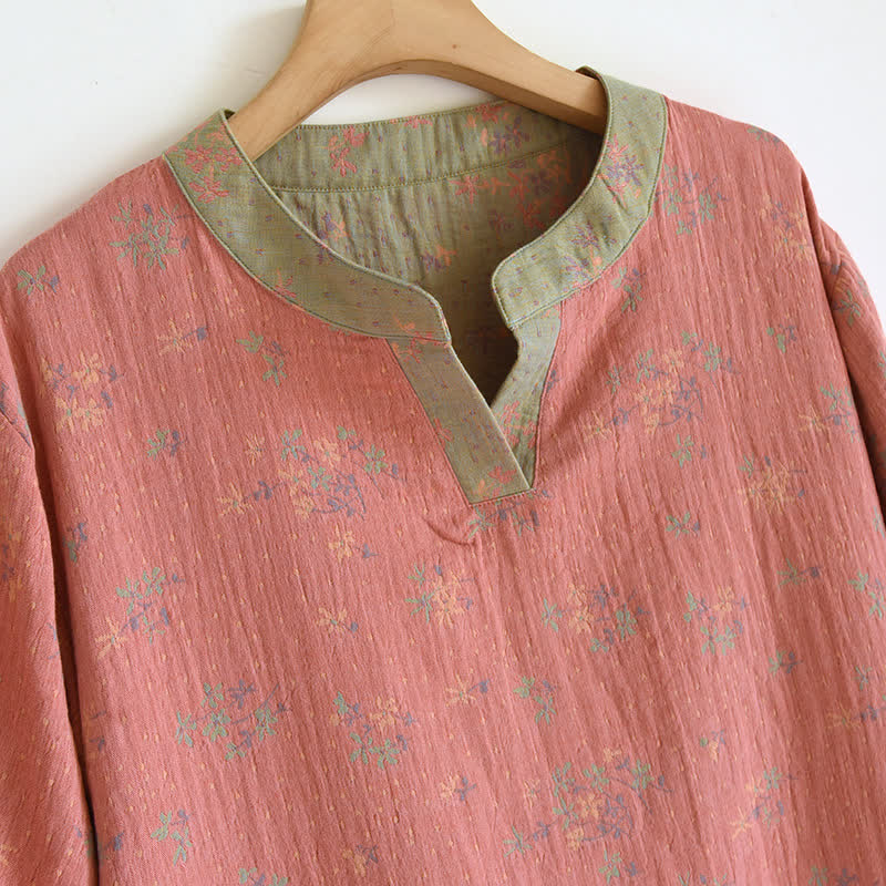 Chemise de nuit en coton doux avec col en V et motif floral en naturel