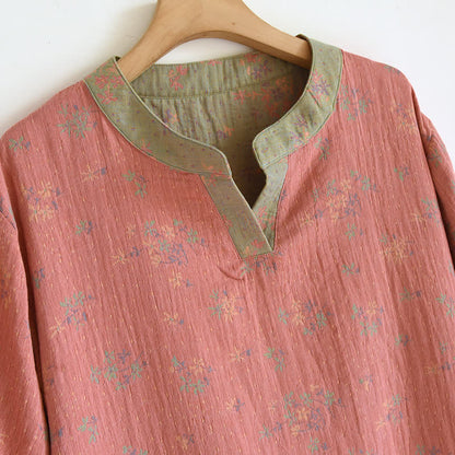 Chemise de nuit en coton doux avec col en V et motif floral en naturel