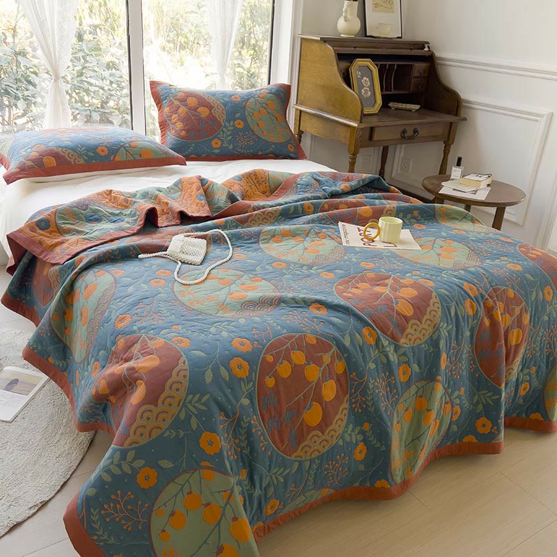 Couette double face en coton avec motif de fleurs de kaki
