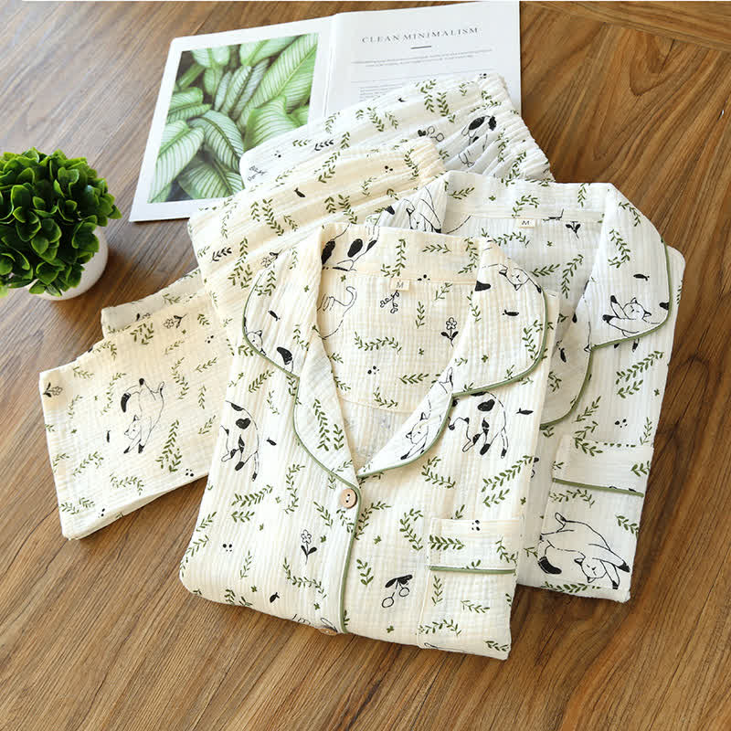 Ensemble pyjama en coton mignon avec chat et feuille