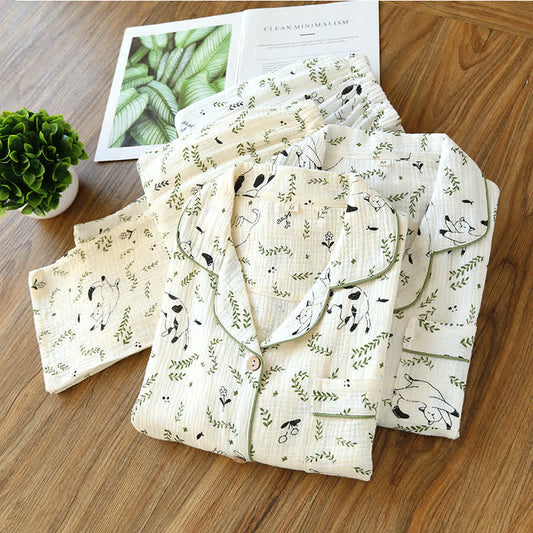 Ensemble pyjama en coton mignon avec chat et feuille
