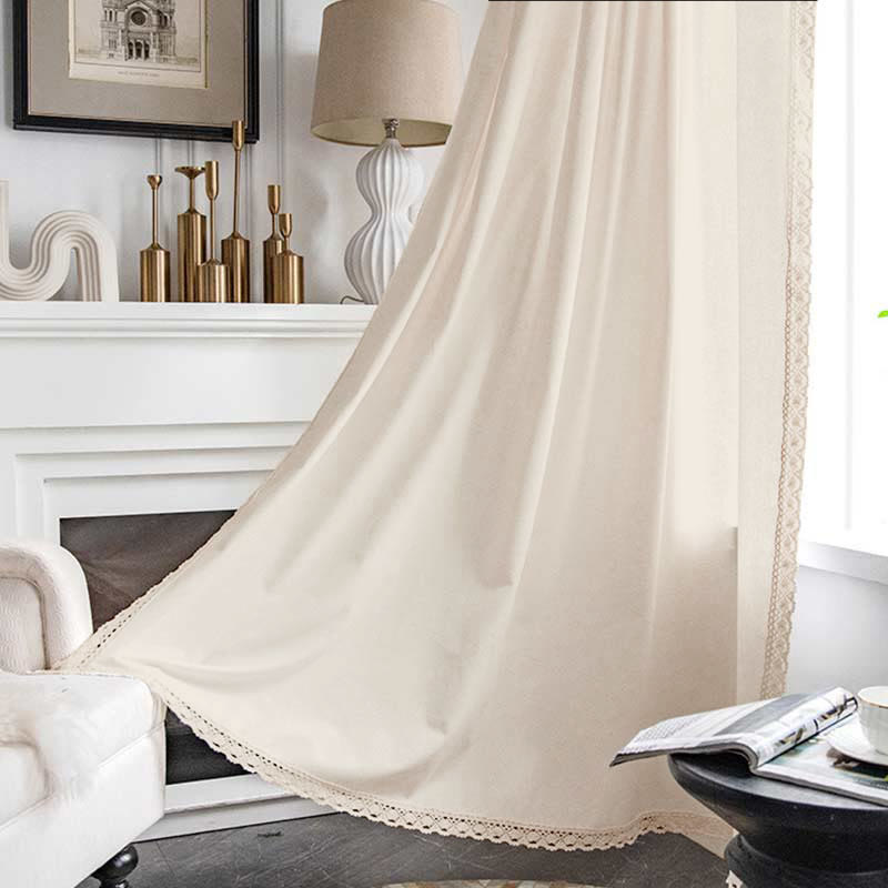 Rideau en coton blanc avec ourlet et pompon