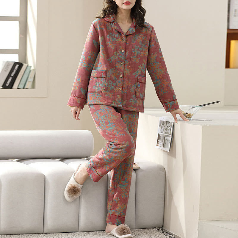 Ensemble de vêtements de détente en coton à imprimé floral double couche