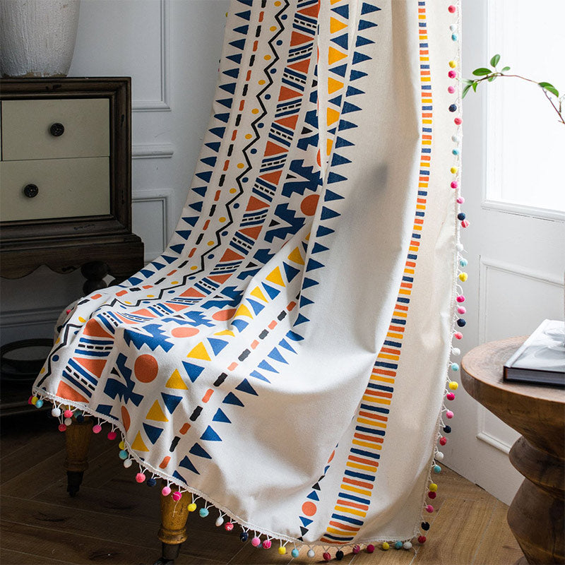 Rideau bohème Ownkoti avec motifs géométriques colorés et pompon