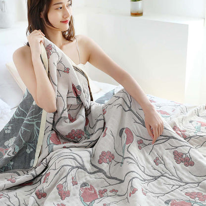 Couette réversible en coton avec motif d'aubépine et d'oiseau