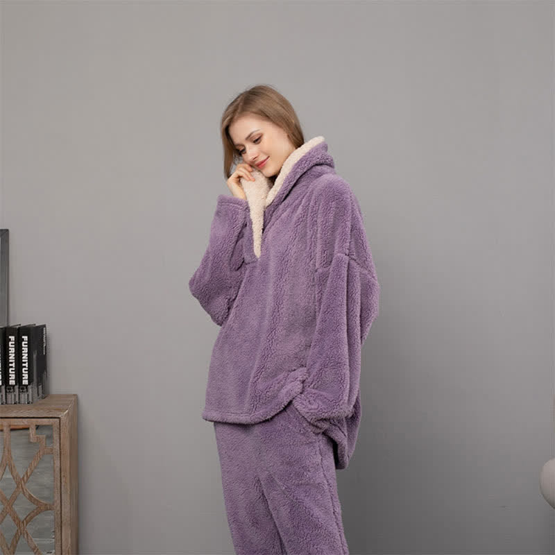 Ownkoti Ensemble de vêtements d'intérieur simple et chaud à col en V pour l'hiver