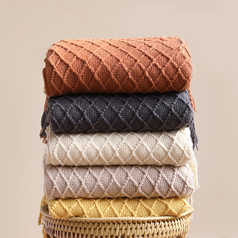 Ownkoti – Couverture tricotée avec motif prisme et pompons
