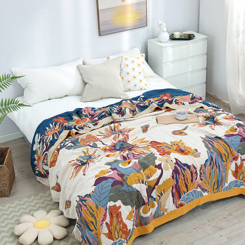 Couette réversible en coton à motif papillon et fleur